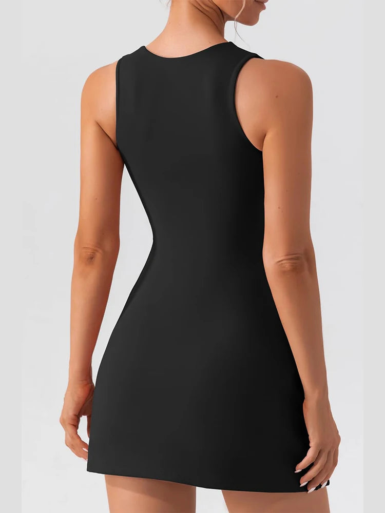 Women's Square-Neck Sleeveless Mini Dress, Solid Color, Tank Top Style, Fashionable and Elegant, Sporty, Fitness