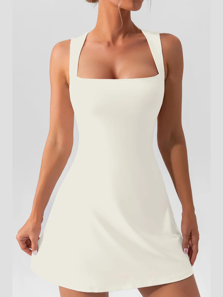 Women's Square-Neck Sleeveless Mini Dress, Solid Color, Tank Top Style, Fashionable and Elegant, Sporty, Fitness