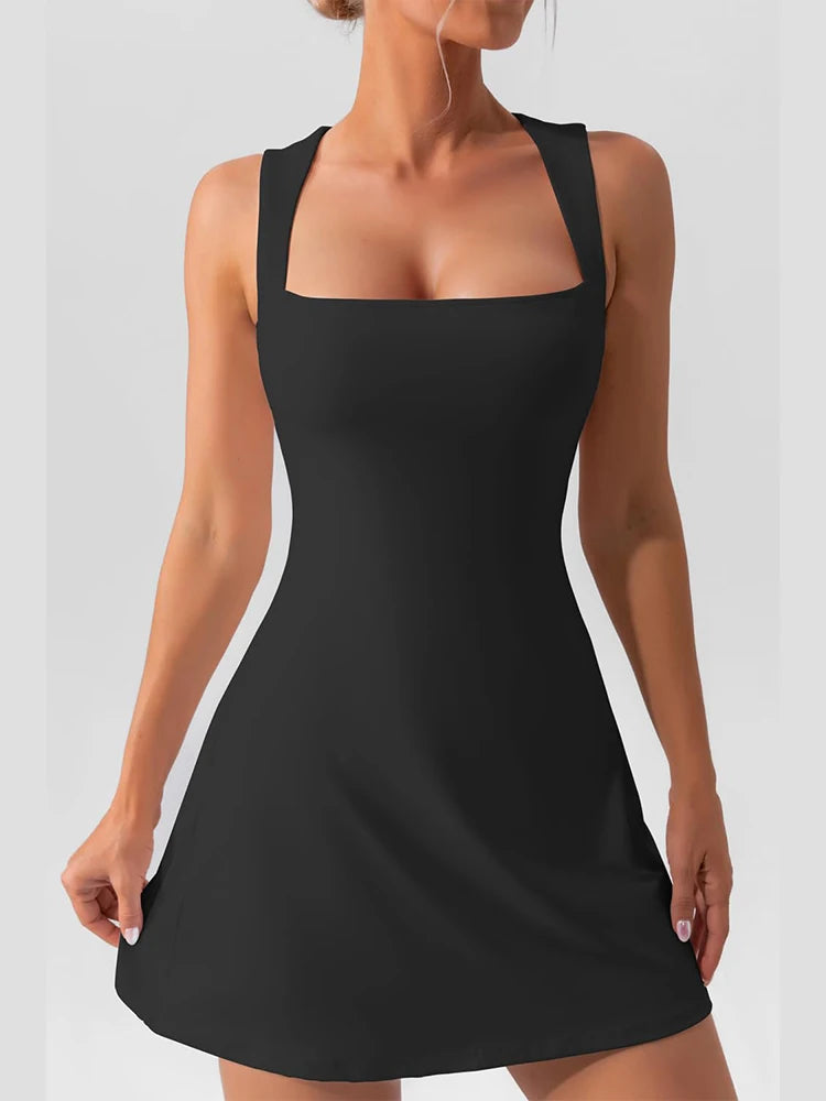 Women's Square-Neck Sleeveless Mini Dress, Solid Color, Tank Top Style, Fashionable and Elegant, Sporty, Fitness