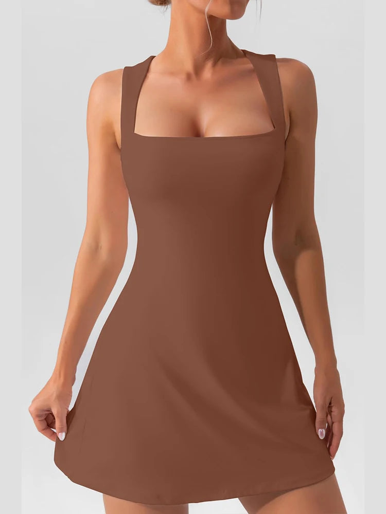 Women's Square-Neck Sleeveless Mini Dress, Solid Color, Tank Top Style, Fashionable and Elegant, Sporty, Fitness