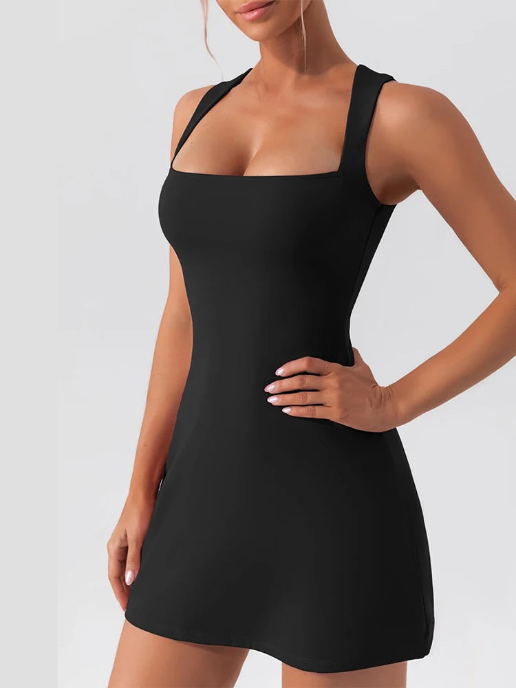 Women's Square-Neck Sleeveless Mini Dress, Solid Color, Tank Top Style, Fashionable and Elegant, Sporty, Fitness